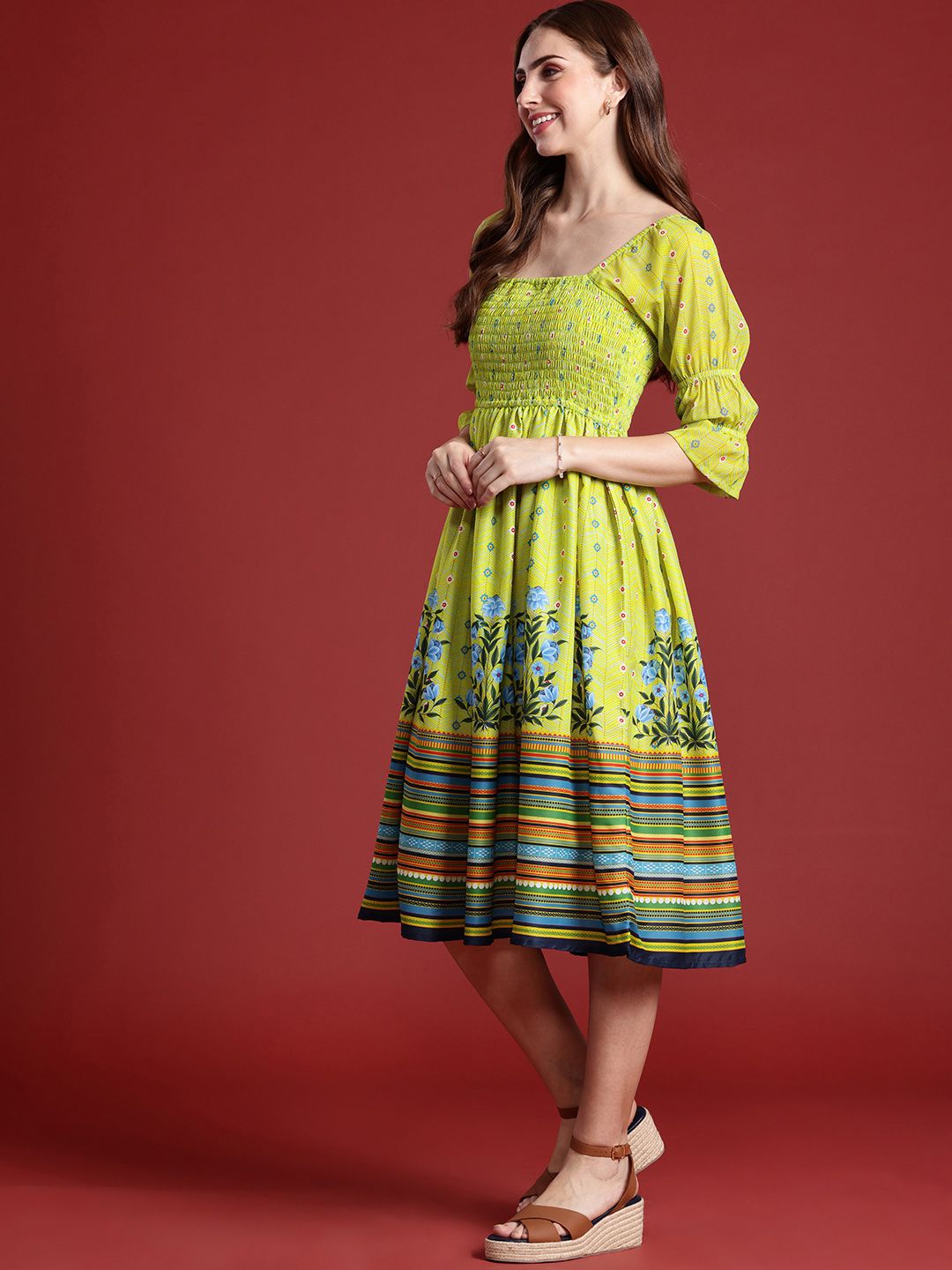Anouk Floral Printed Fit & Flared Smocked Ethnic Dress