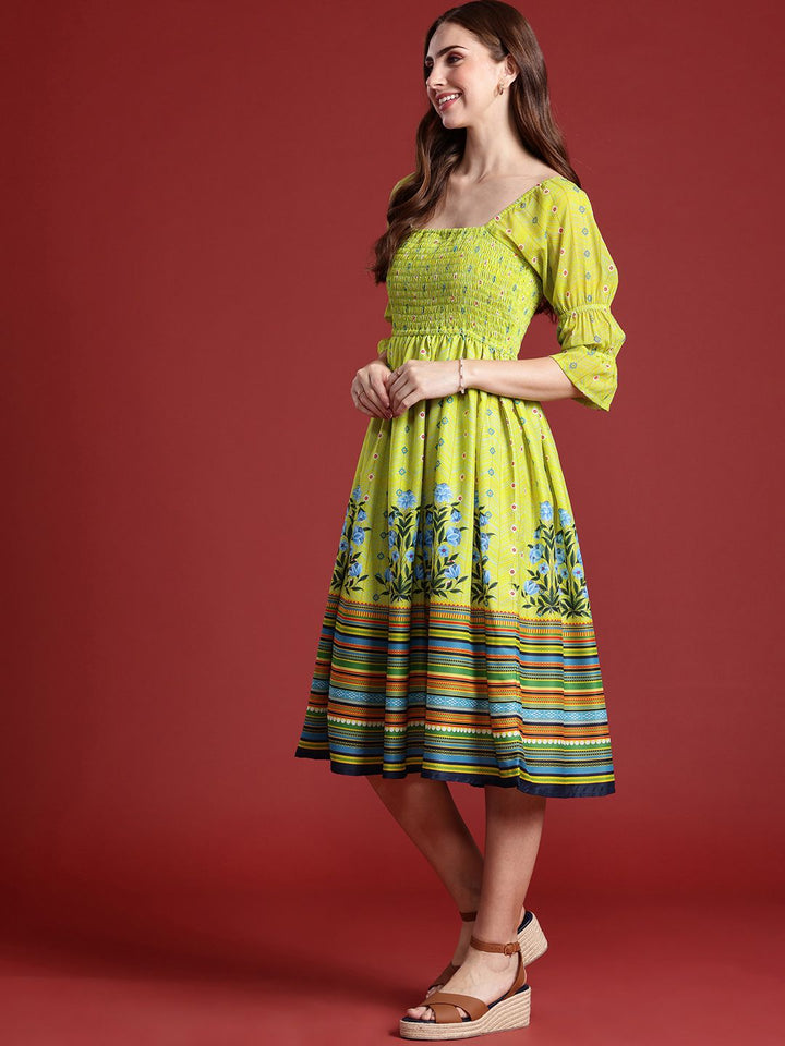 Anouk Floral Printed Fit & Flared Smocked Ethnic Dress