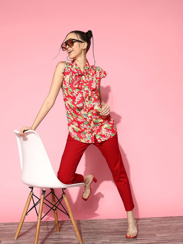 Berrylush Women Floral Print Tie-Up Neck Ruffles Crepe Top