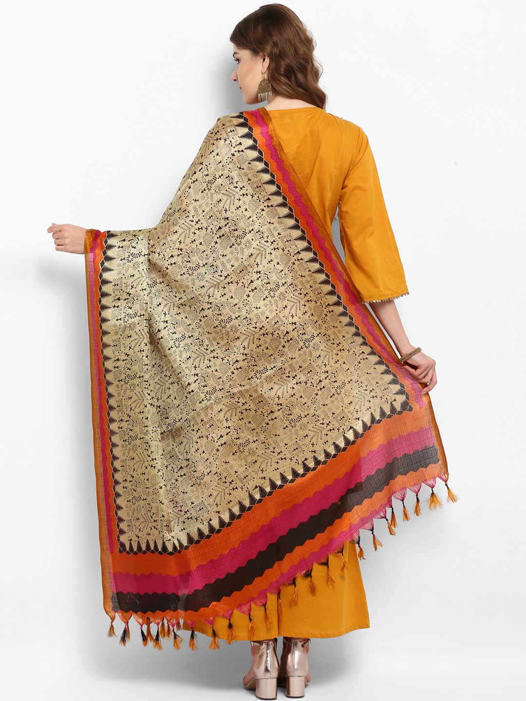 Saree mall Cream-Coloured & Pink Printed Dupatta