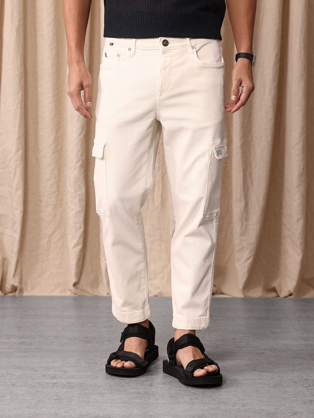Mr Bowerbird Men Cropped Tapered Fit Light Fade Cargo Style Stretchable Jeans