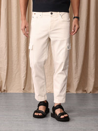 Mr Bowerbird Men Cropped Tapered Fit Light Fade Cargo Style Stretchable Jeans