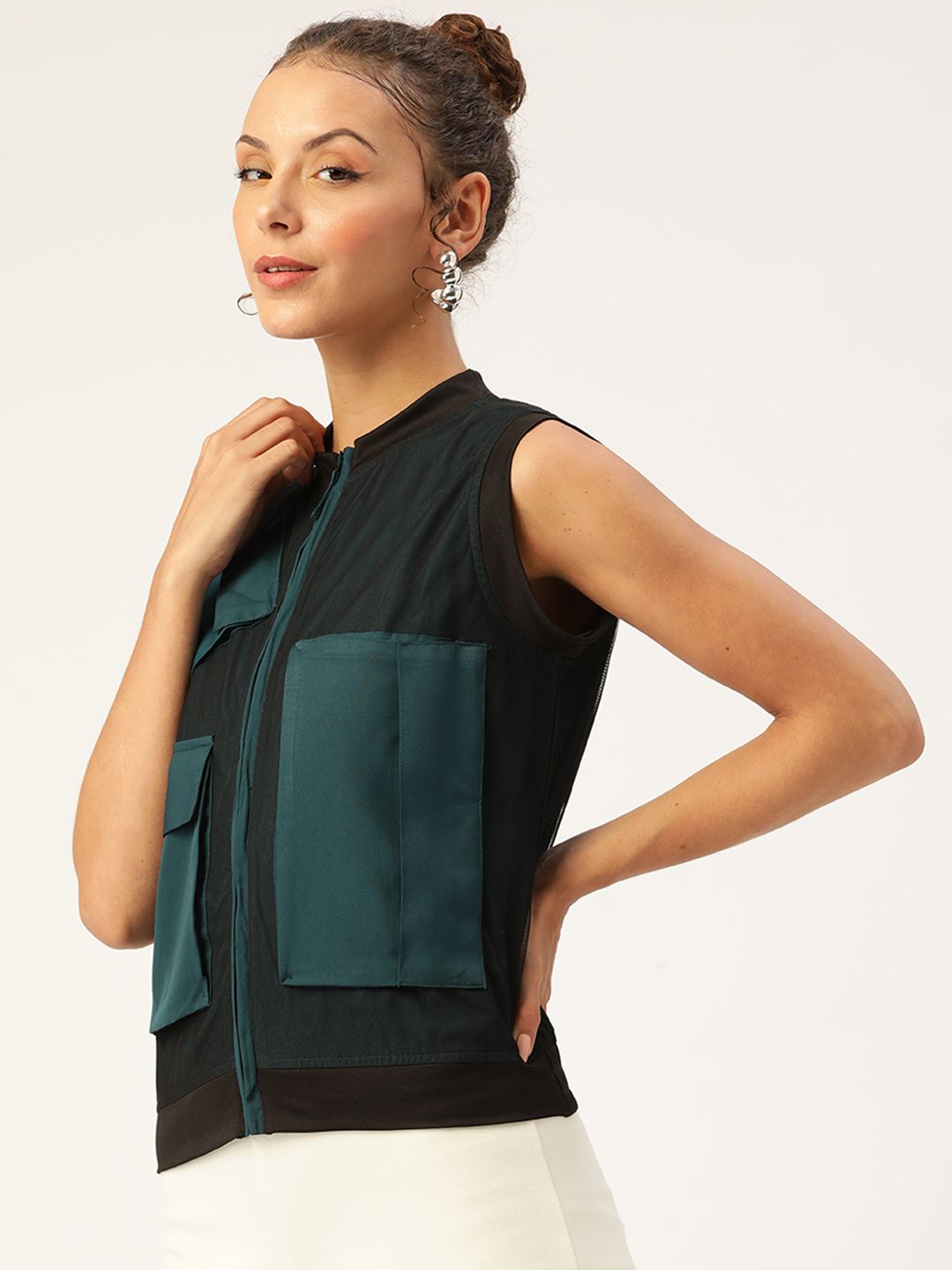 Antheaa Women Black & Teal Green Colourblocked Jacket