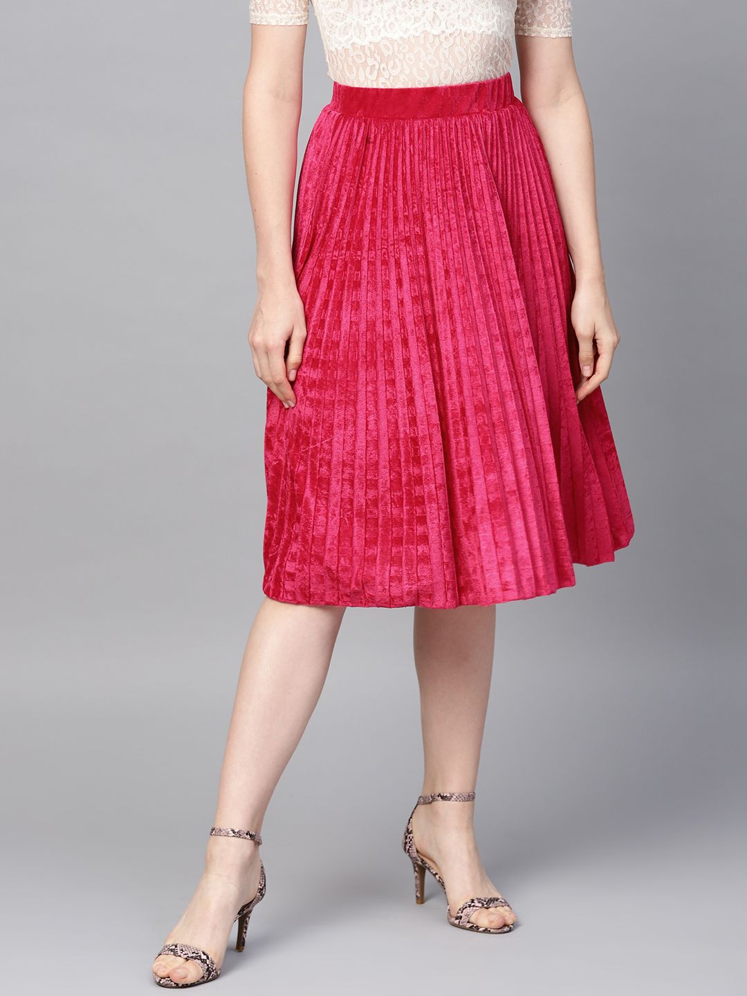 SASSAFRAS Fuchsia Pink Accordion Pleated Velvet Finish Flared Skirt