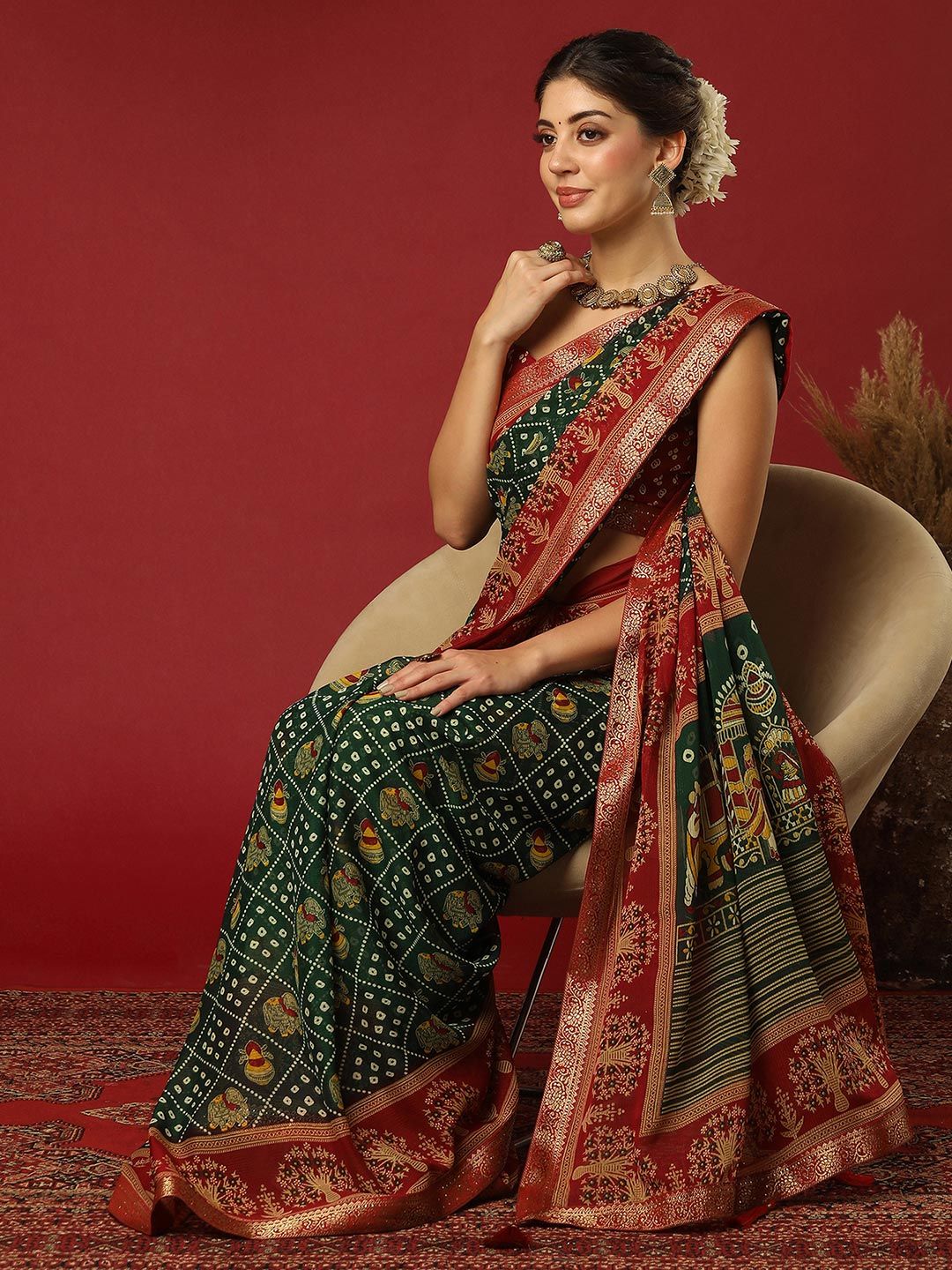 KALINI Bandhani Print Zari Pure Georgette Bandhani Saree