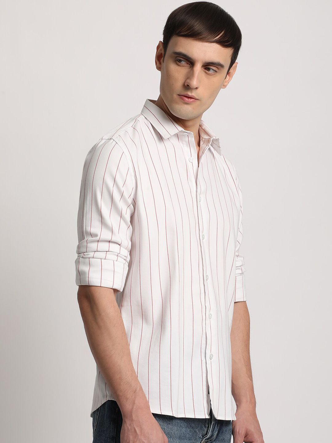 THE BEAR HOUSE Slim Fit Vertical Stripes Twill Spread Collar Casual Shirt