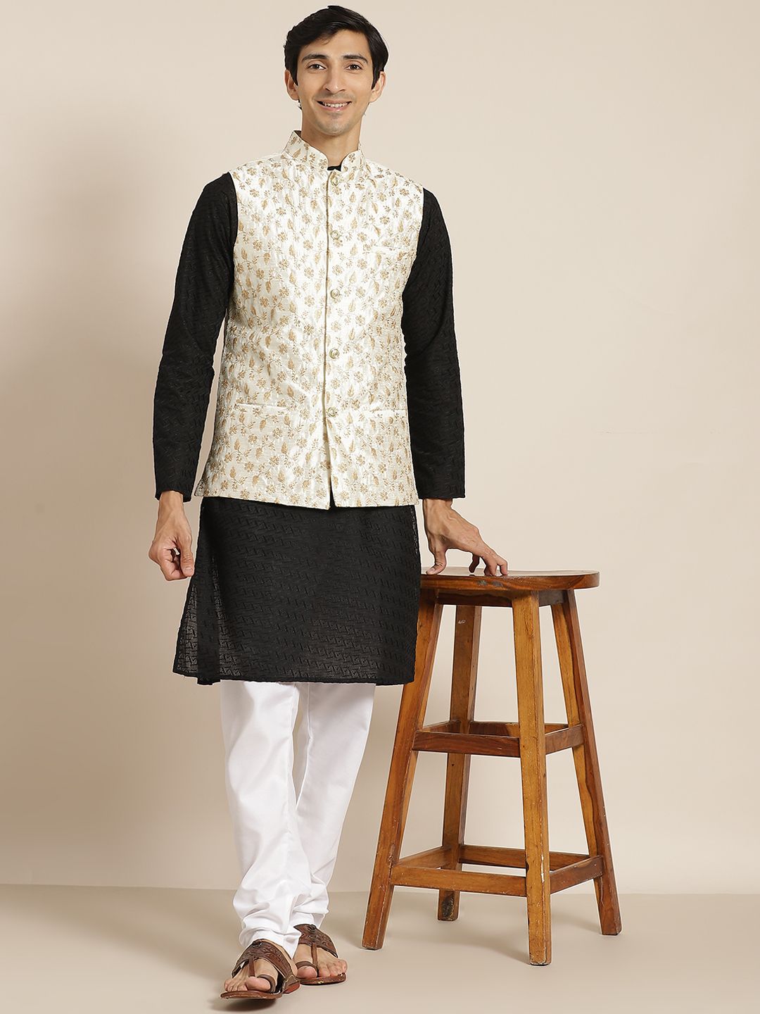 SOJANYA Men Black Chikankari Pure Cotton Kurta with Churidar & Nehru Jacket