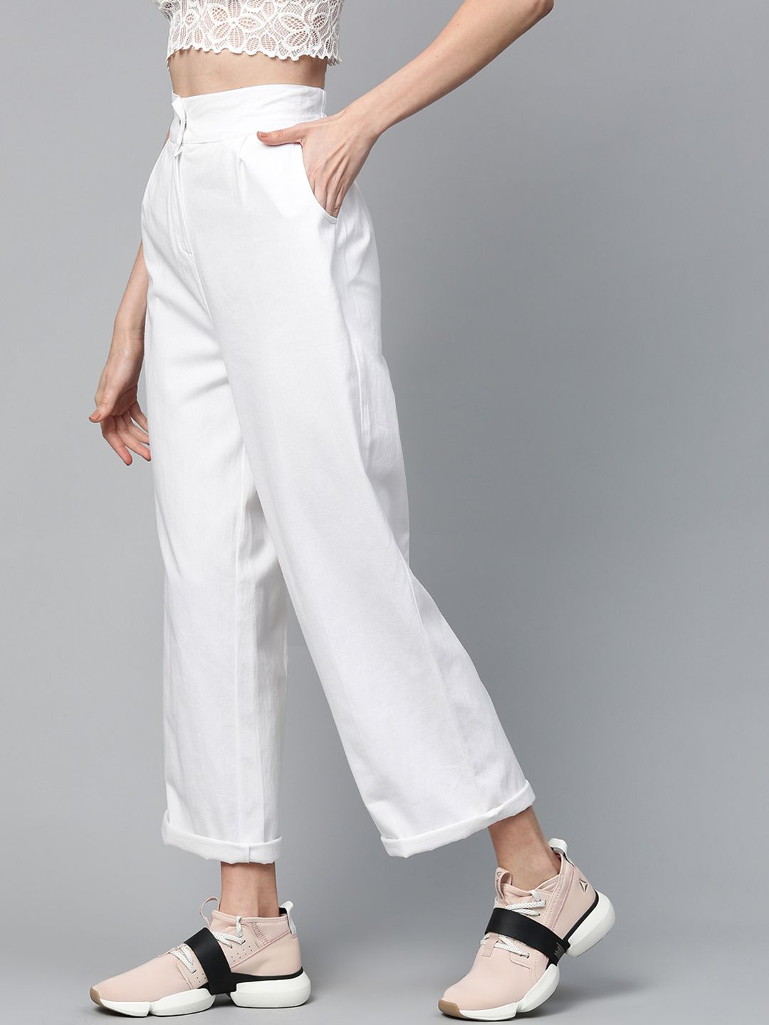 SASSAFRAS Women White Twill Parallel Trousers