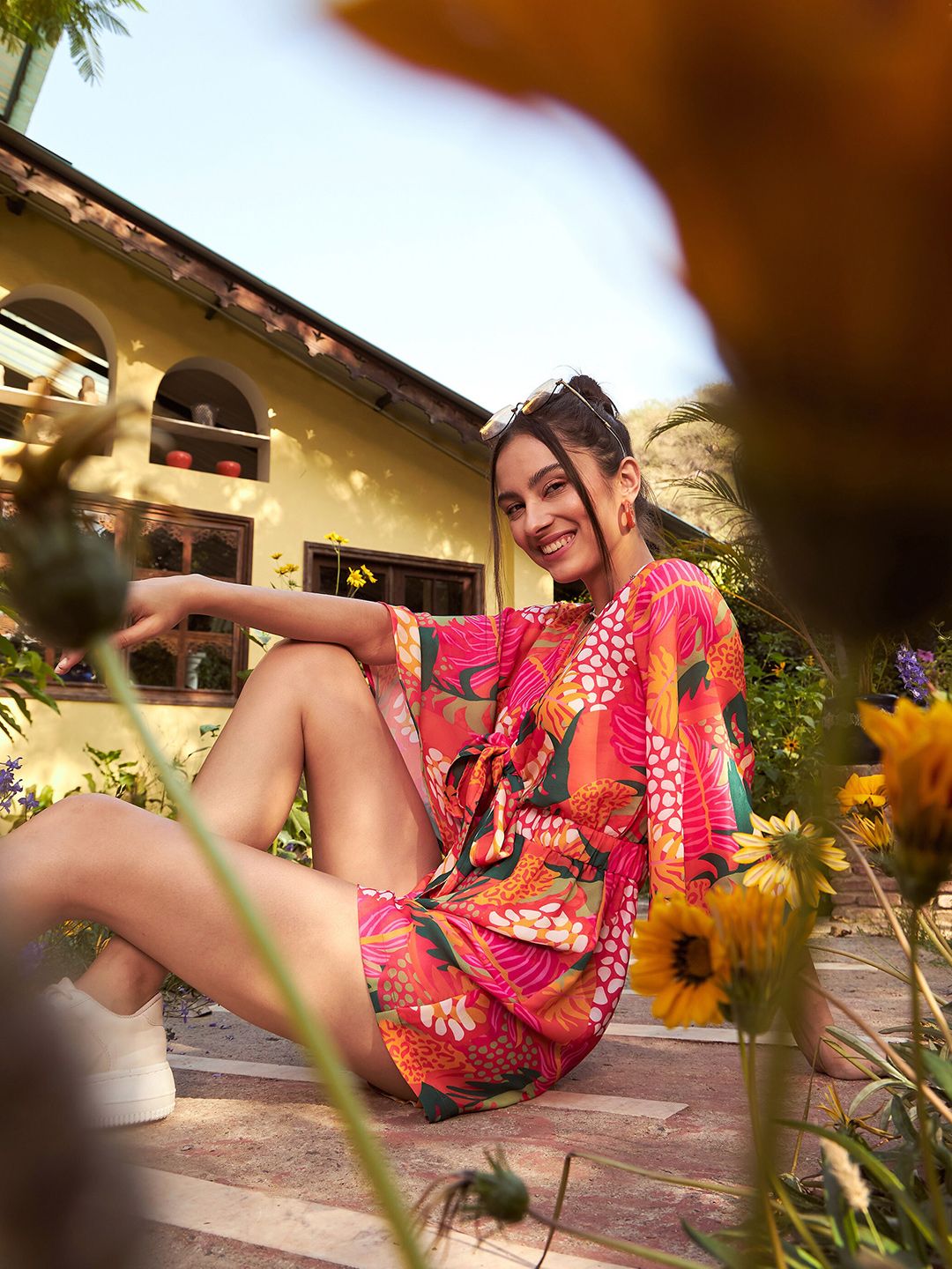 SASSAFRAS Orange & Green Floral Printed Front Tie Knot Playsuit