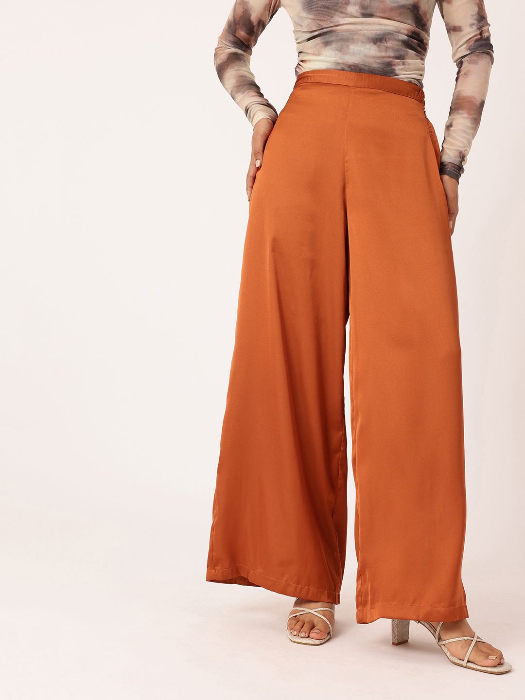 DressBerry Women Burnt Orange Glossy Grace Wide Leg Trousers