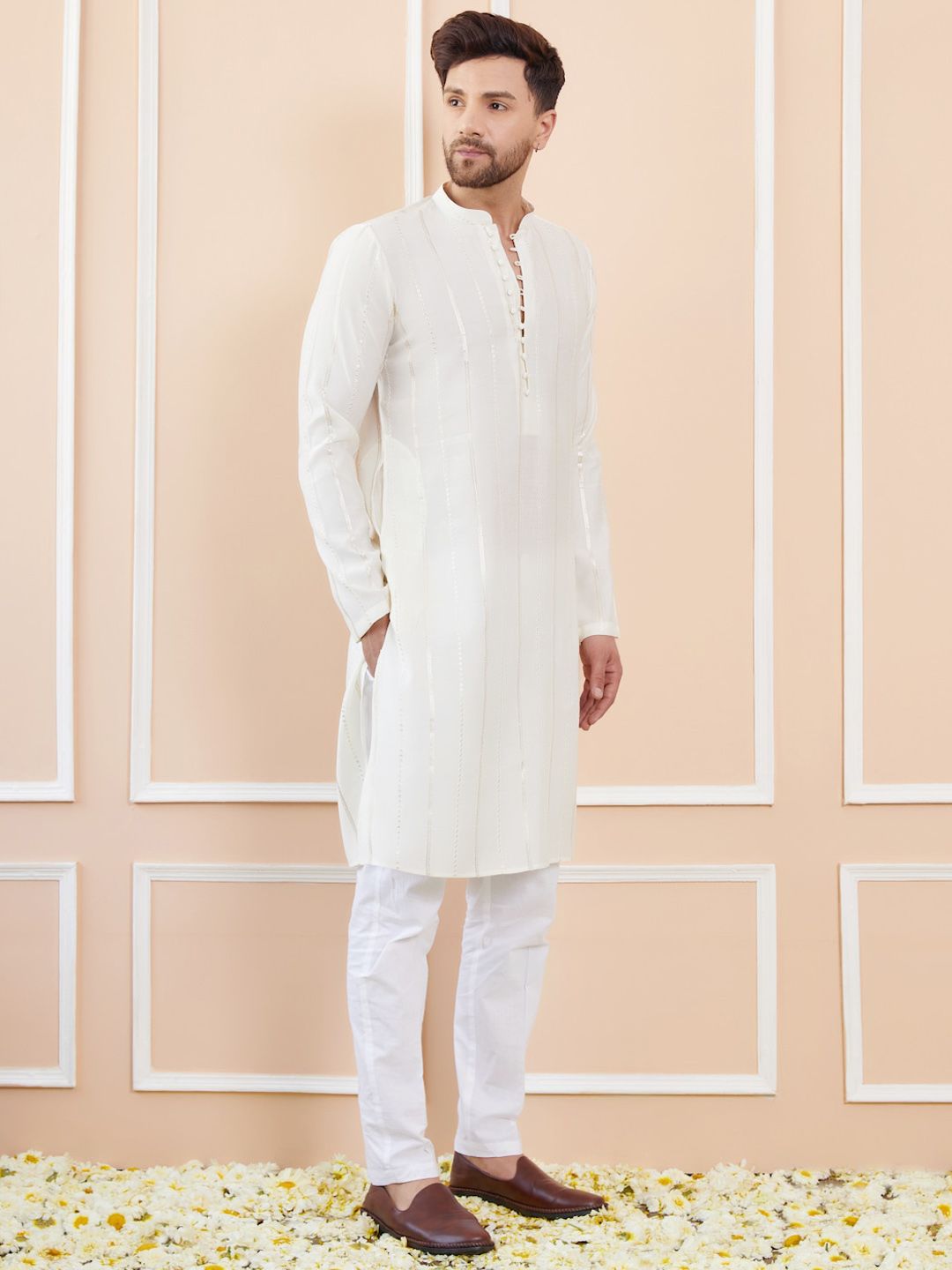 See Designs Striped Embroidered Thread Work Chanderi Silk Straight Kurta With Pyjamas