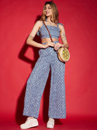 SASSAFRAS Blue Printed Crop Top With Trousers Co-Ords