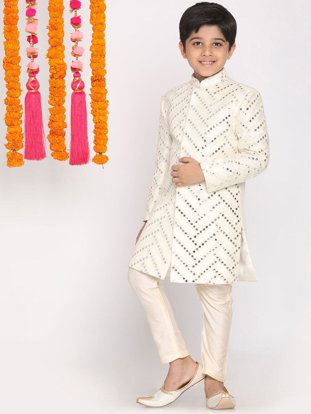 VASTRAMAY Boys Embroidered Mirror Work Sherwani With Trousers