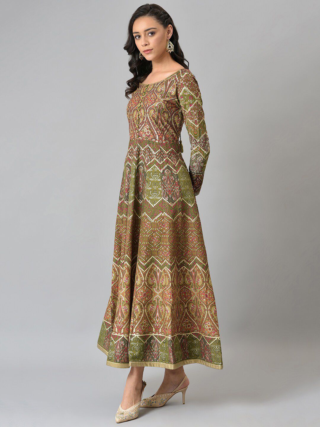 W Red & Green Ethnic Motifs Chiffon Ethnic Maxi Dress