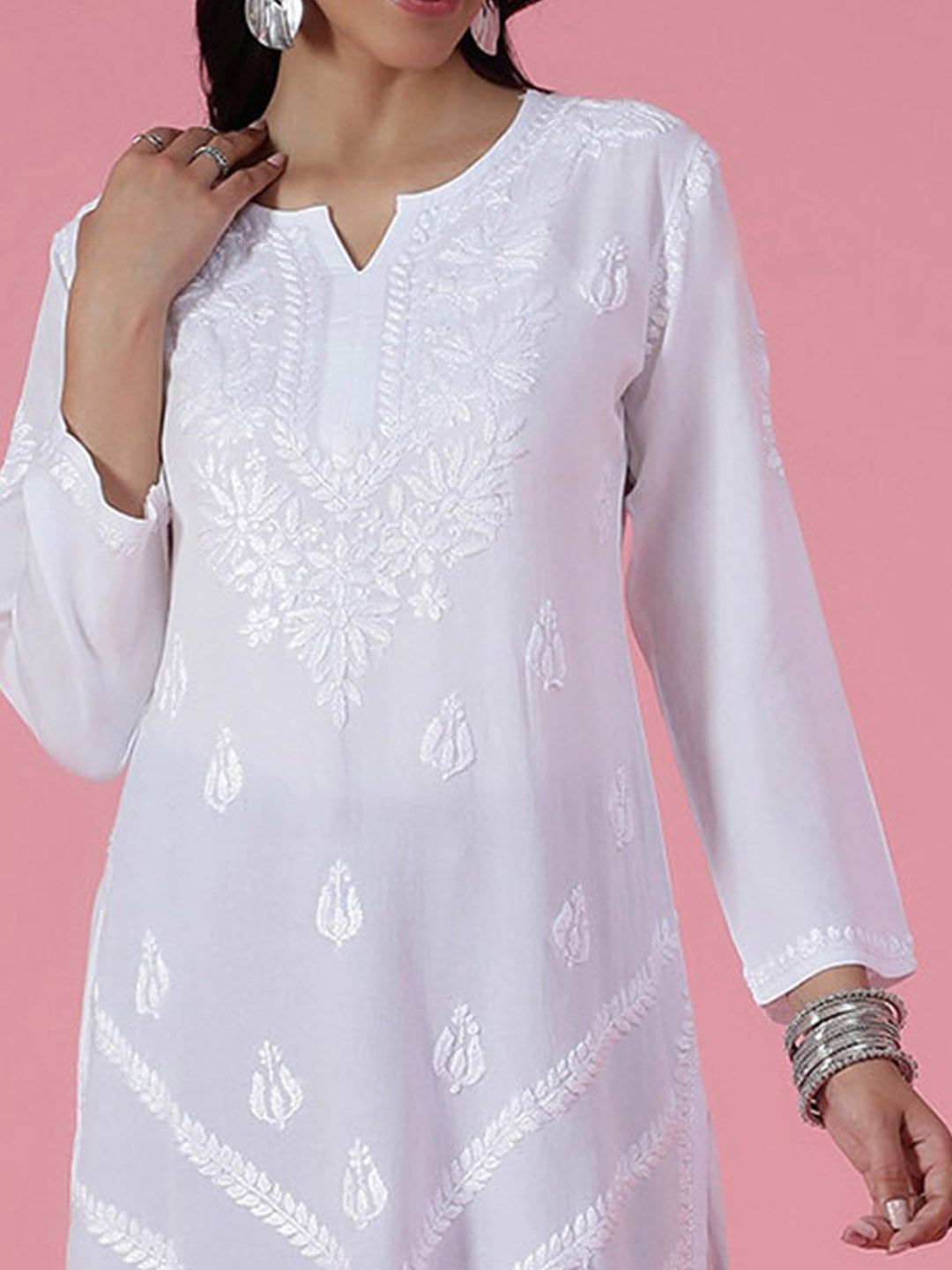Rumah Wanita Chikankari White Rayon Chikankari Sulam Kurti
