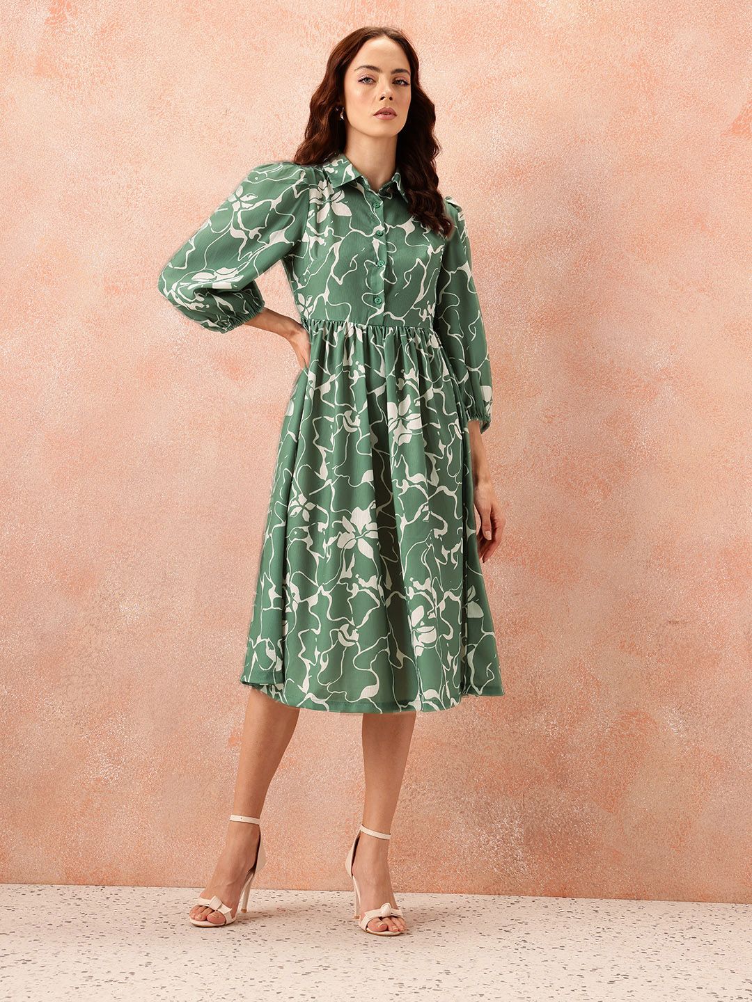 all about you Floral Print Puff Sleeve Shirt Style Formal Dress