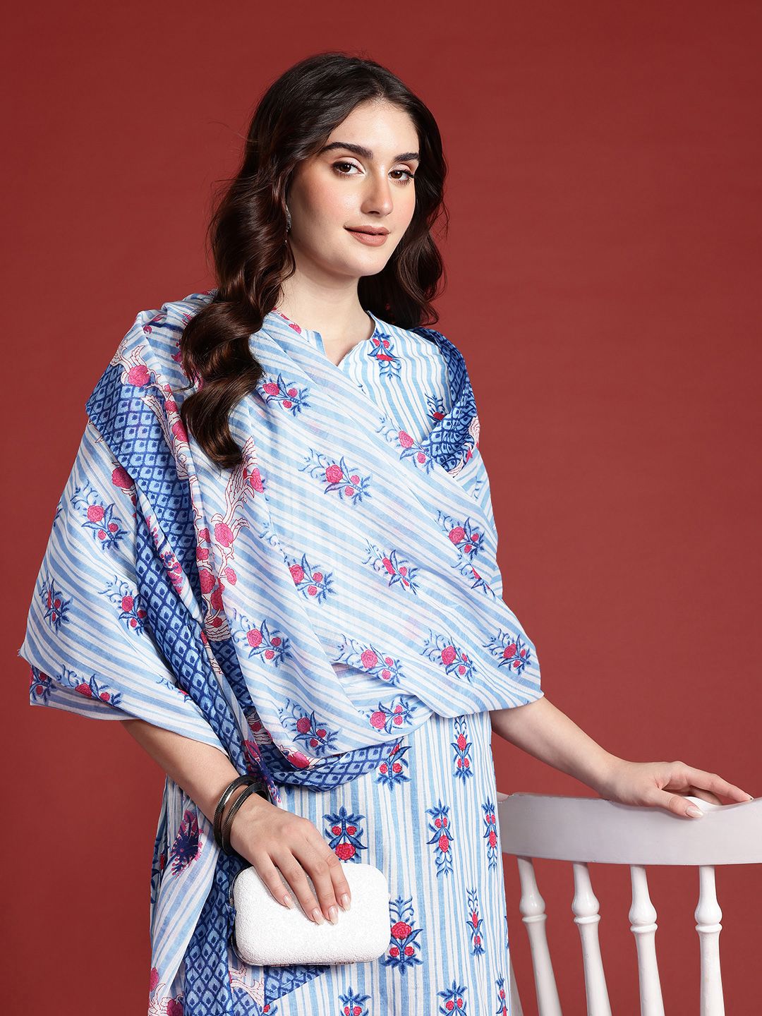Anouk Floral Printed Pure Cotton Kurta With Trousers & Dupatta