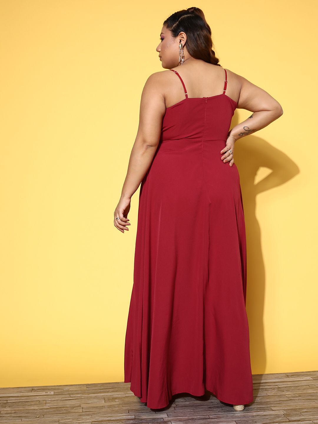 Berrylush Curve Plus Size Red Crepe Solid Fit & Flare Maxi Dress