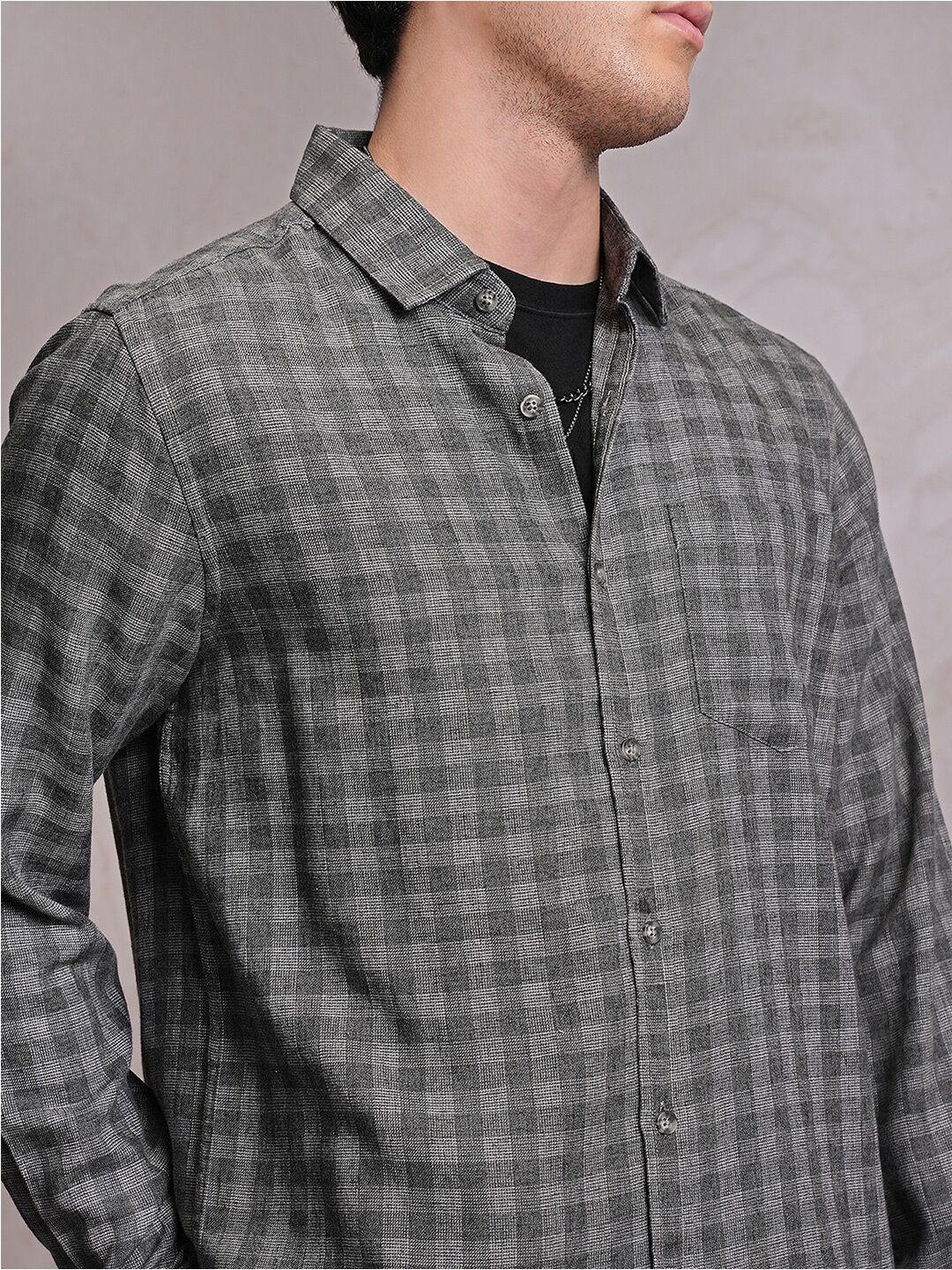 Locomotive Men Grey Linen Blend Textured Checked Regular Shirt
