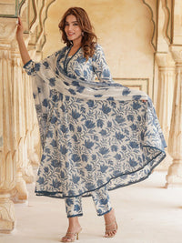KALINI Floral Printed Anarkali Pure Cotton Kurta with Trousers & Dupatta