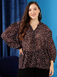 CURVY STREET Plus Size Floral Printed V-Neck Bell Sleeves Ruffled Shirt Style Top