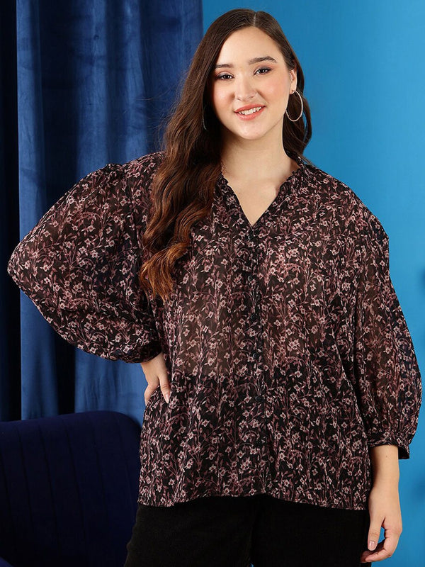 CURVY STREET Plus Size Floral Printed V-Neck Bell Sleeves Ruffled Shirt Style Top