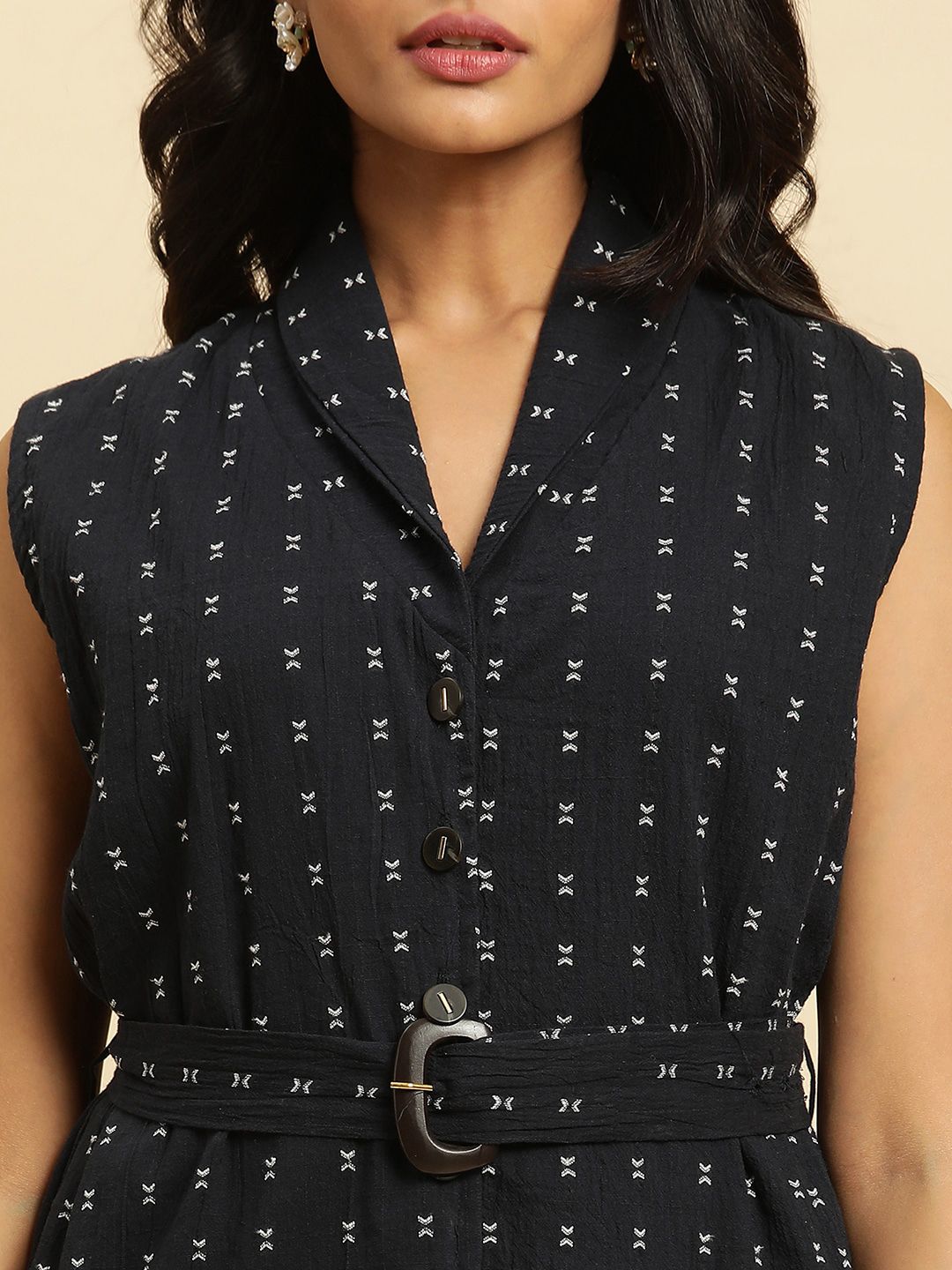 W Navy Blue Geometric Printed Regular Pure Cotton Kurta with Trousers