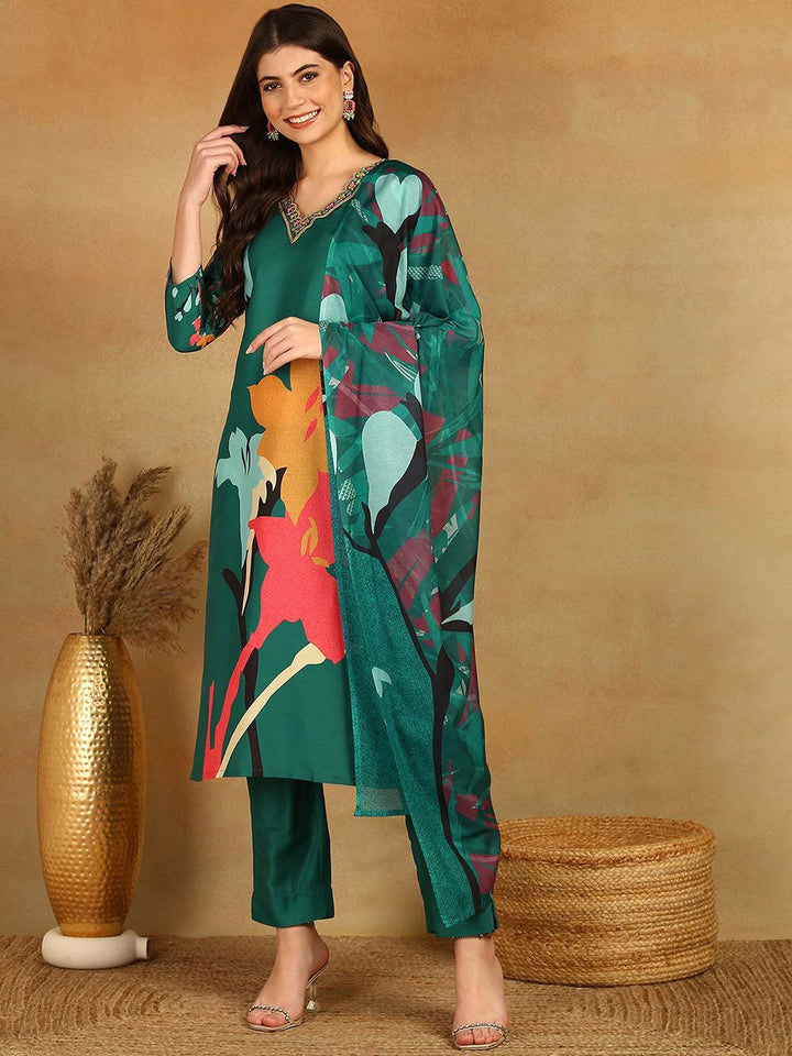 KALINI Floral Printed V-Neck Beads and Stones Kurta with Trousers & Dupatta