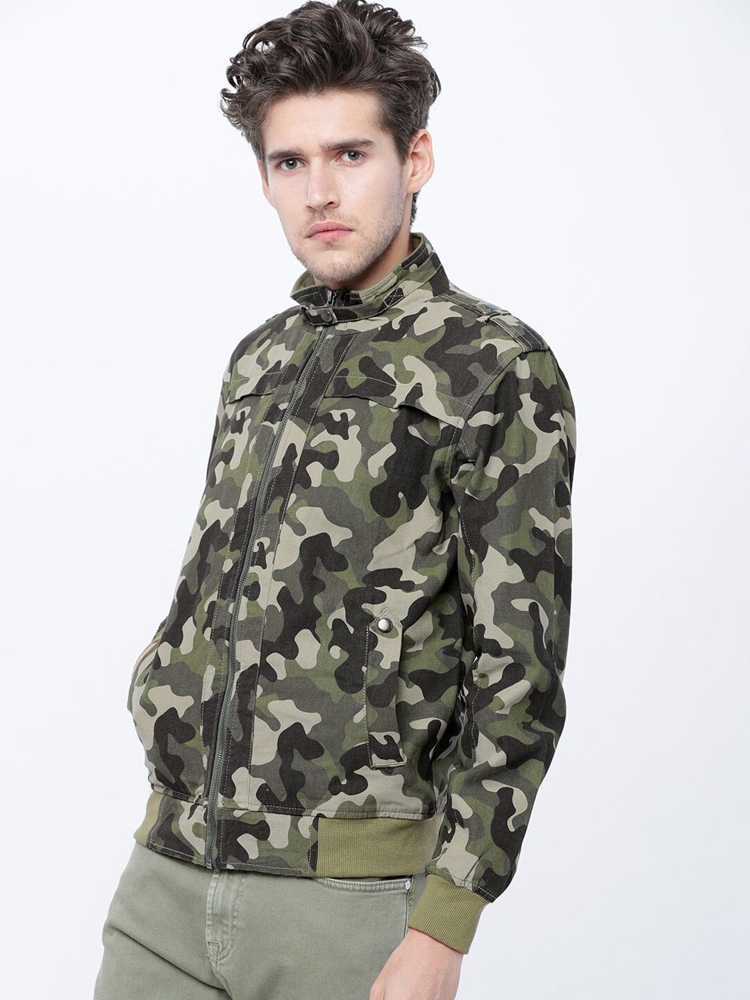 HIGHLANDER Men Olive Green & Beige Camouflage Bomber Jacket