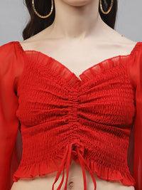 Athena Red Sweetheart Neck Puff Sleeves Georgette Crop Top