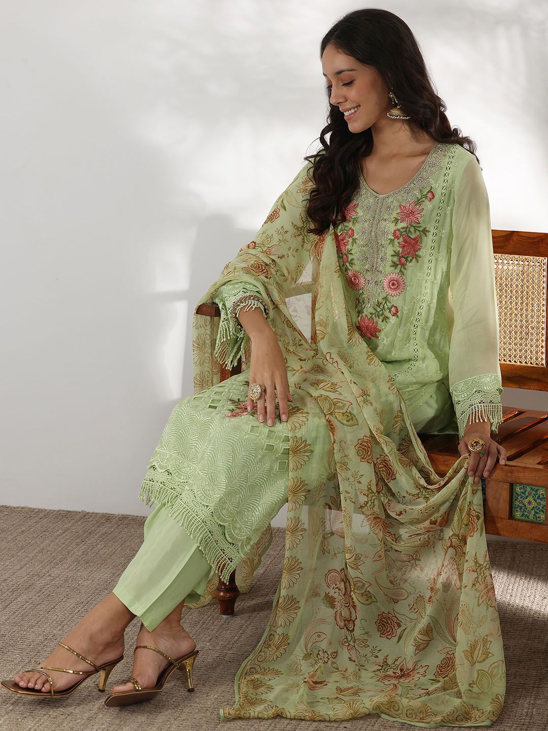 Libas Floral Embroidered Thread Work Straight Kurta with Trousers & Dupatta