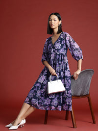 all about you Floral Print Puff Sleeve Dobby Empire Midi Dress