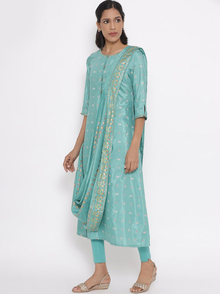 W Festive Floral Print Shantung Kurta With Leggings