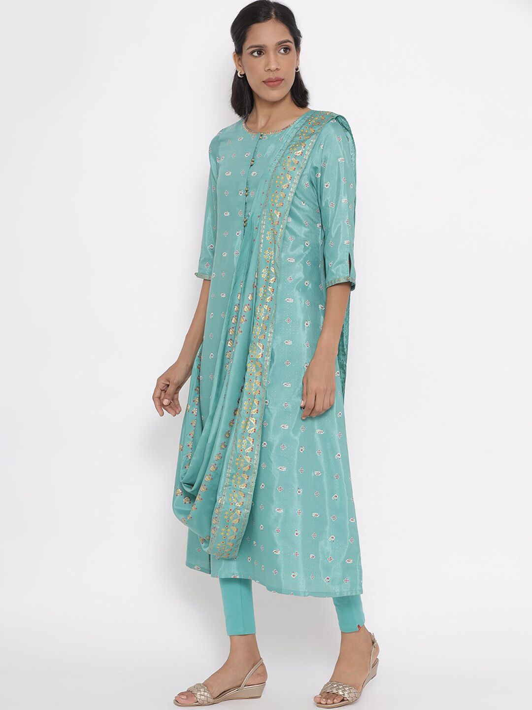 W Festive Floral Print Shantung Kurta With Leggings