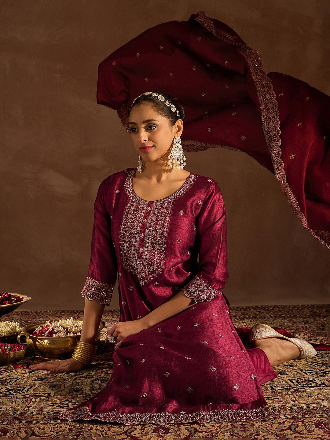 Indo Era Ethnic Motifs Embroidered Thread Work Straight Kurta with Trousers & Dupatta