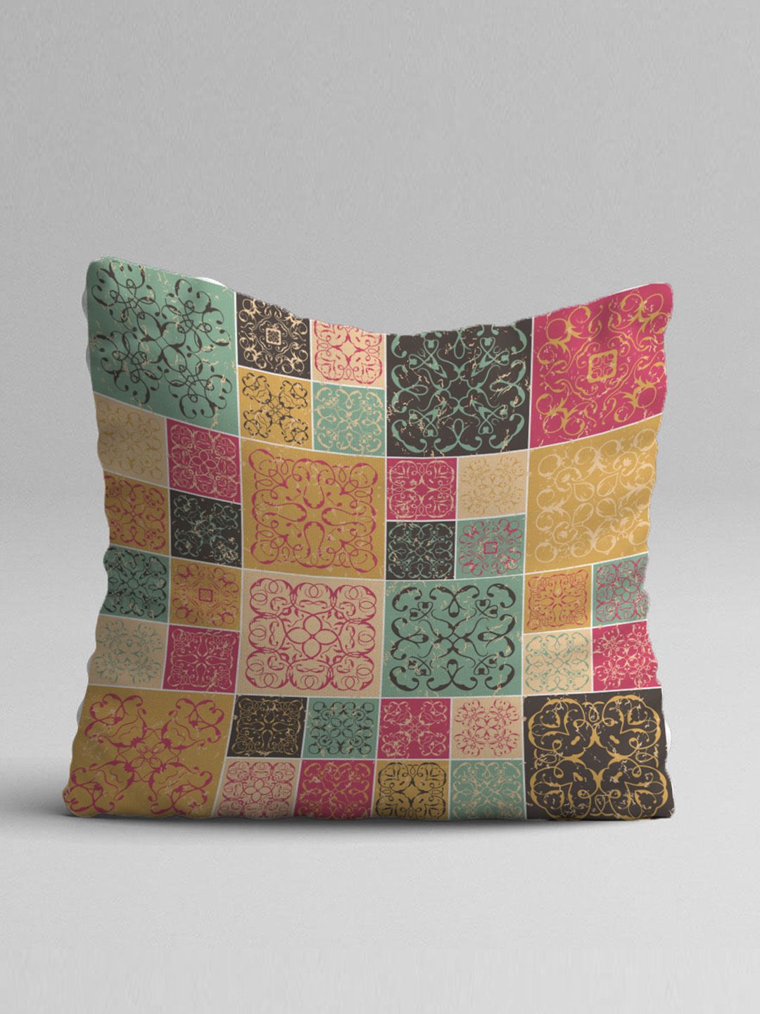 STITCHNEST Set of 5 Yellow & Pink Geometric Square Cushion Covers