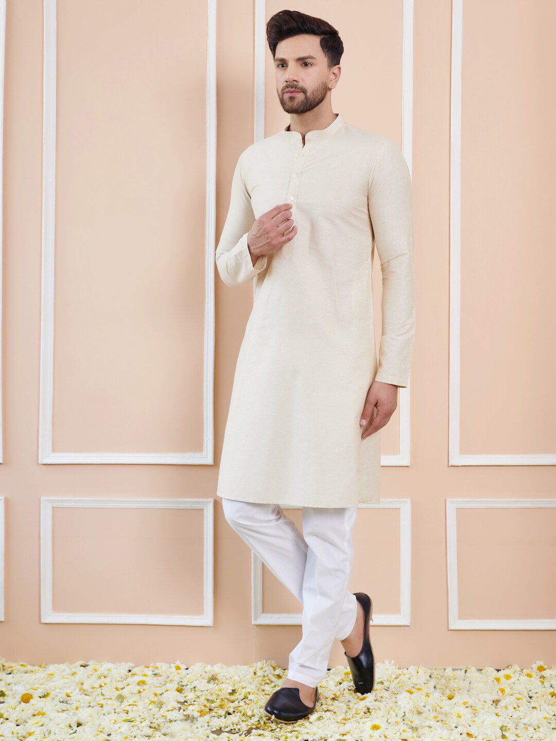 See Designs Mandarin Collar Long Sleeves Cotton Thread Work Kurta