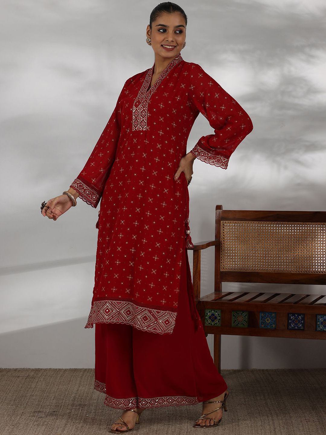 Libas Women Ethnic Motifs Printed Regular Mirror Work Kurta with Palazzos & With Dupatta