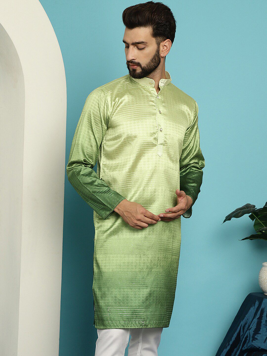 SOJANYA Mandarin Collar Ombre Silk Cotton Jacquard Kurta