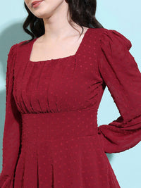 Tokyo Talkies Maroon Self Design Puff Sleeves Pleated Fit & Flare Dress