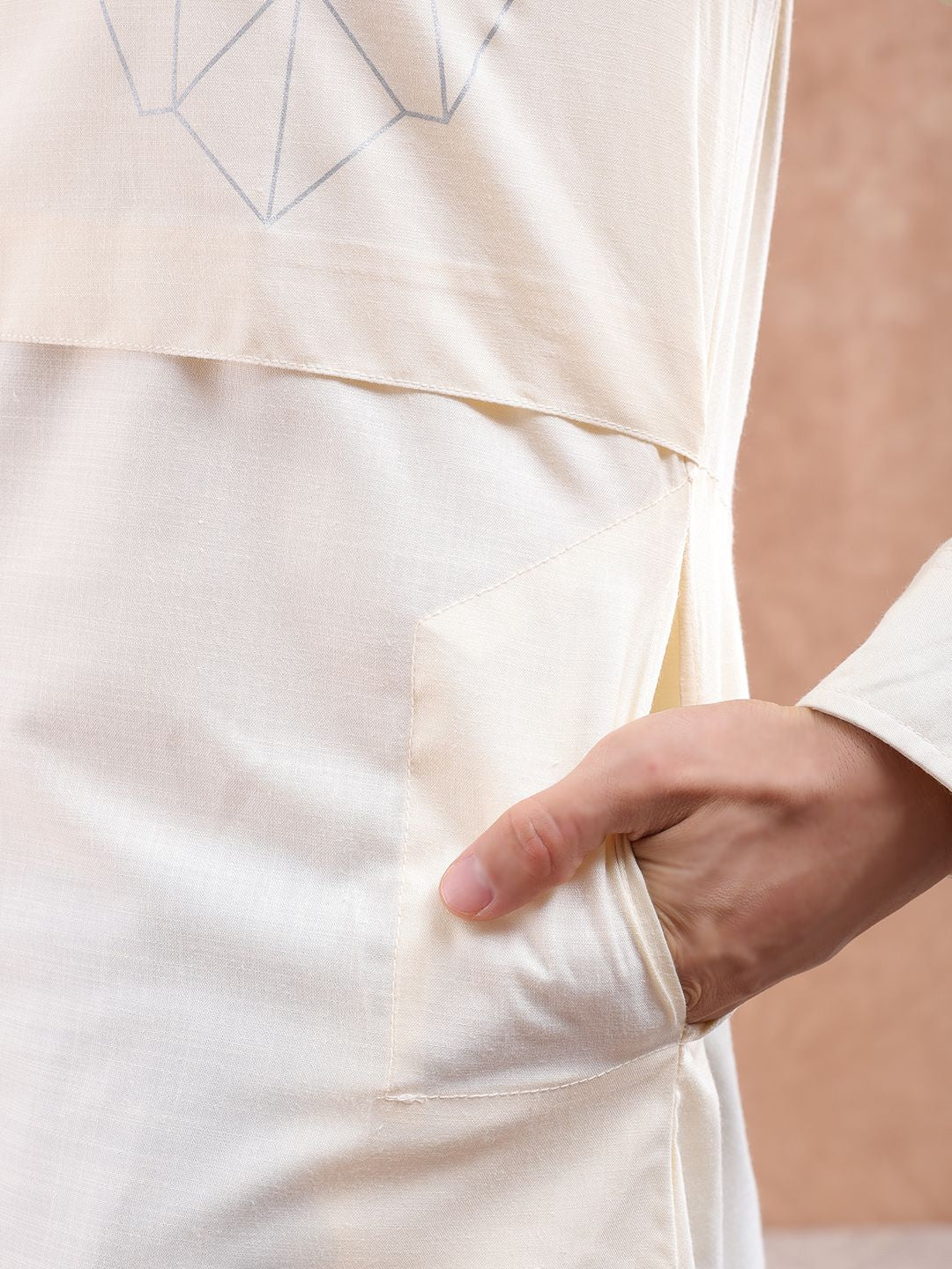 The Indian Garage Co Men Cream-Coloured Printed Detail Layered Kurta