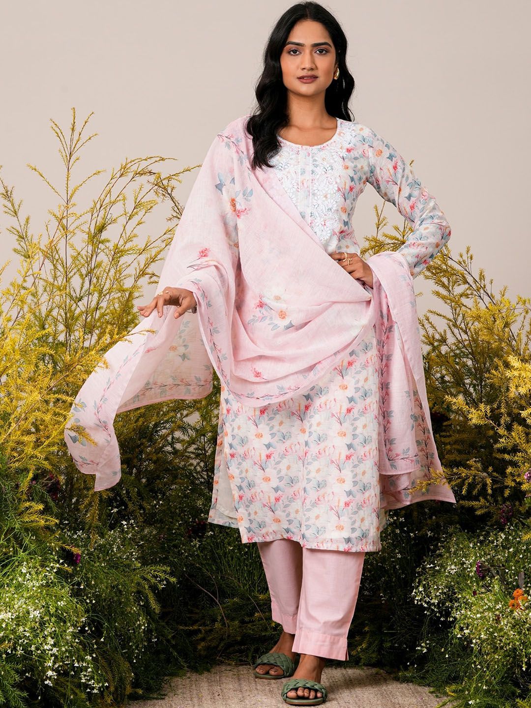 Libas Pink Floral Printed Straight Round Neck Thread Work Linen Kurta Set