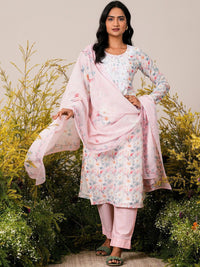 Libas Pink Floral Printed Straight Round Neck Thread Work Linen Kurta Set