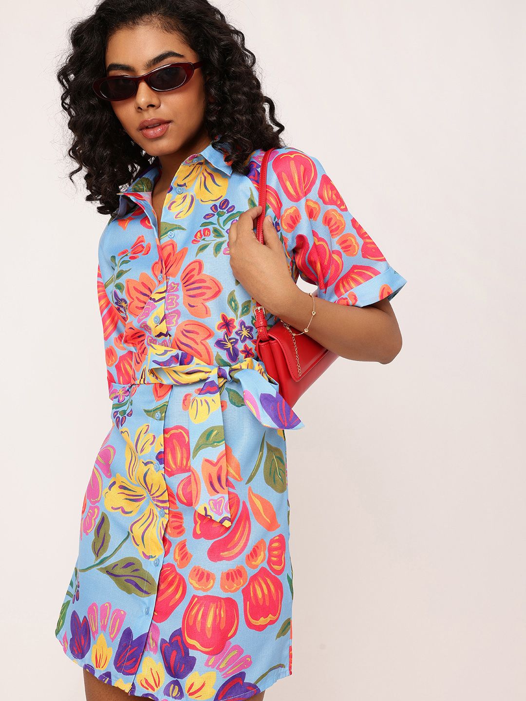 DressBerry Holiday Glam Floral Printed Shirt Style Mini Dress With Waist Tie-Up