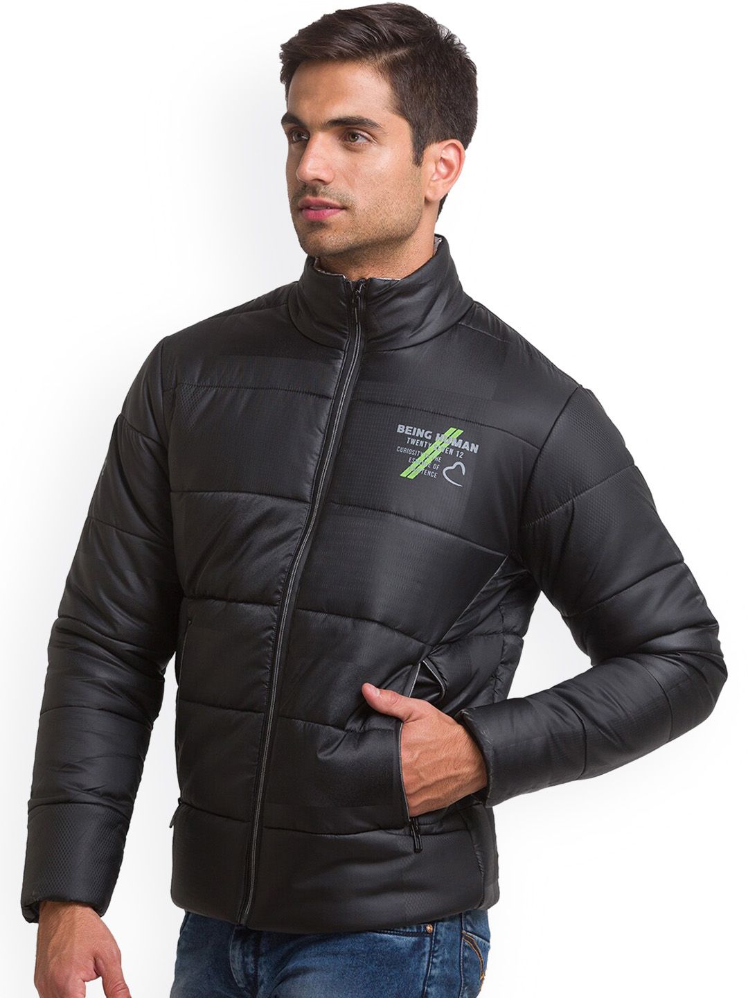 Being Human Men Black Padded Jacket with Patchwork
