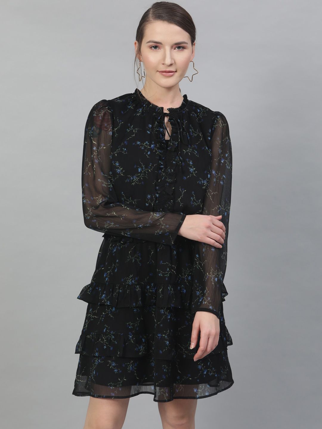 STREET 9 Women Black Floral Printed Fit and Flare Dress
