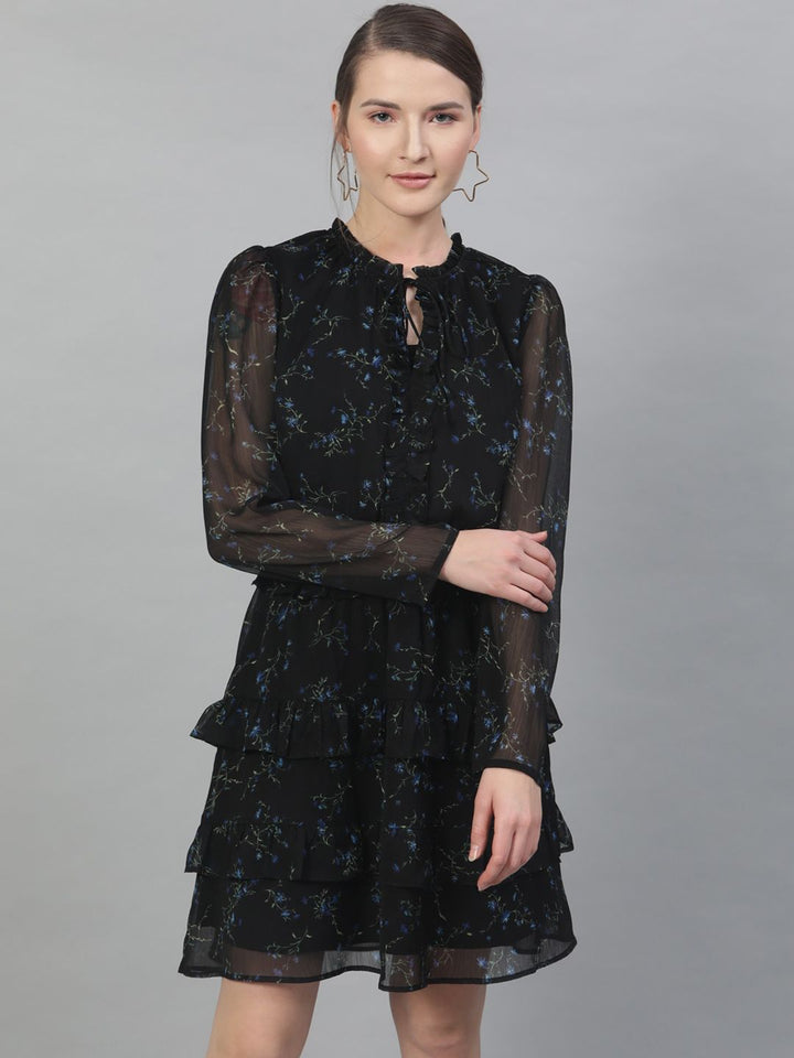 STREET 9 Women Black Floral Printed Fit and Flare Dress