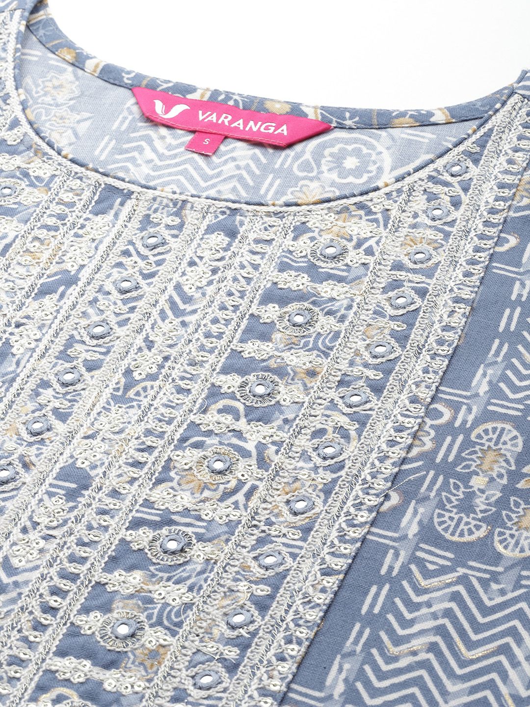 Varanga Geometric Printed Thread Work Kurta with Trousers & Dupatta