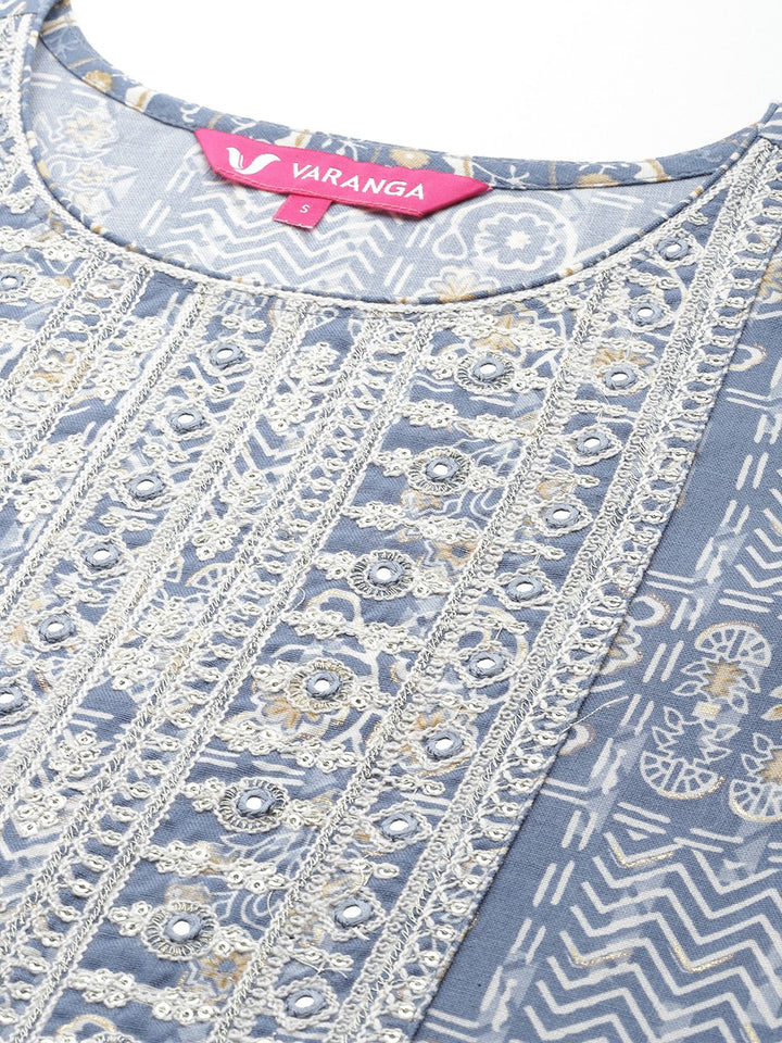 Varanga Geometric Printed Thread Work Kurta with Trousers & Dupatta