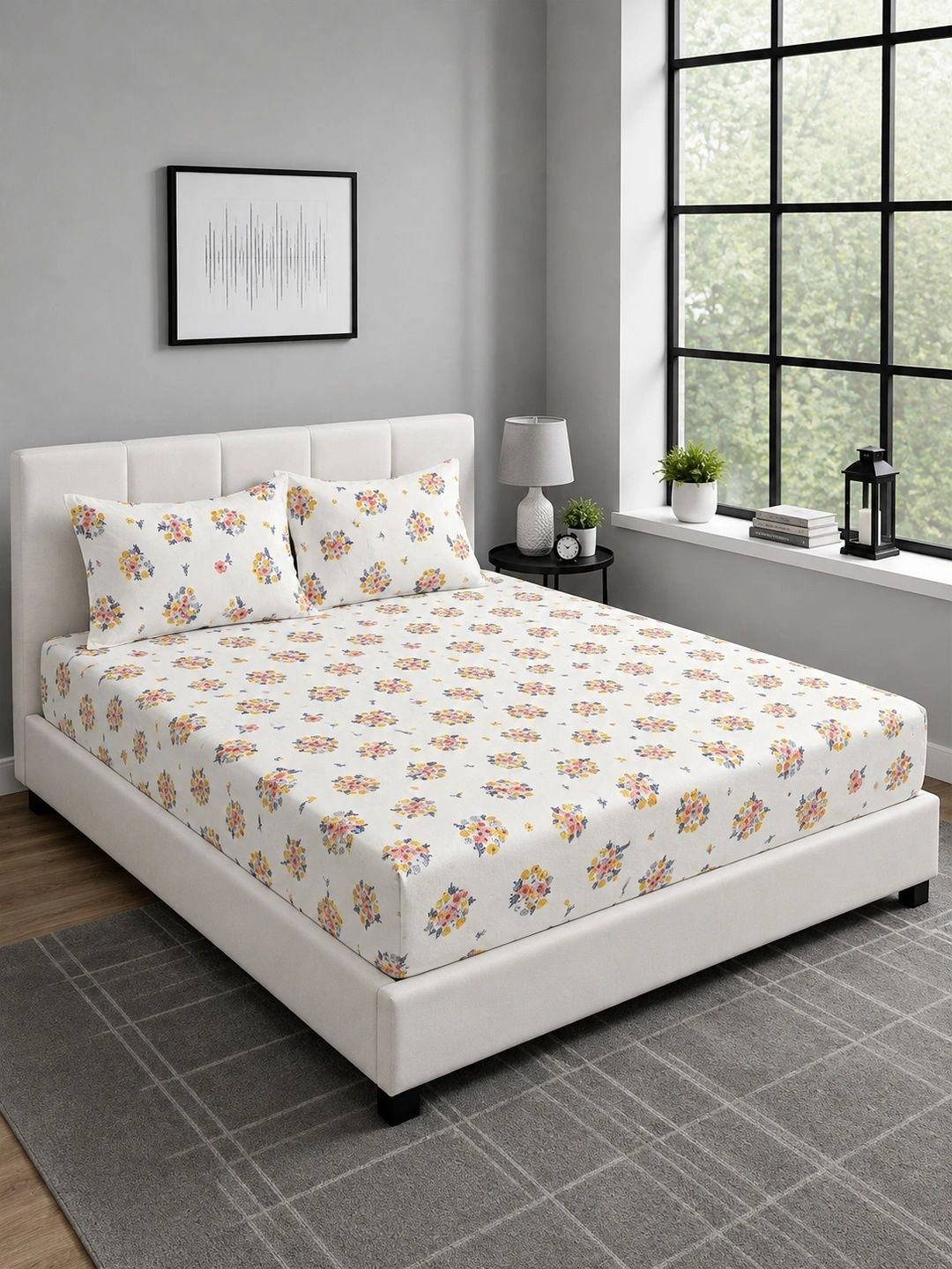 Moda Rapido X KLOTTHE Cream-Coloured Floral 300 TC King Bedsheet with 2 Pillow Covers